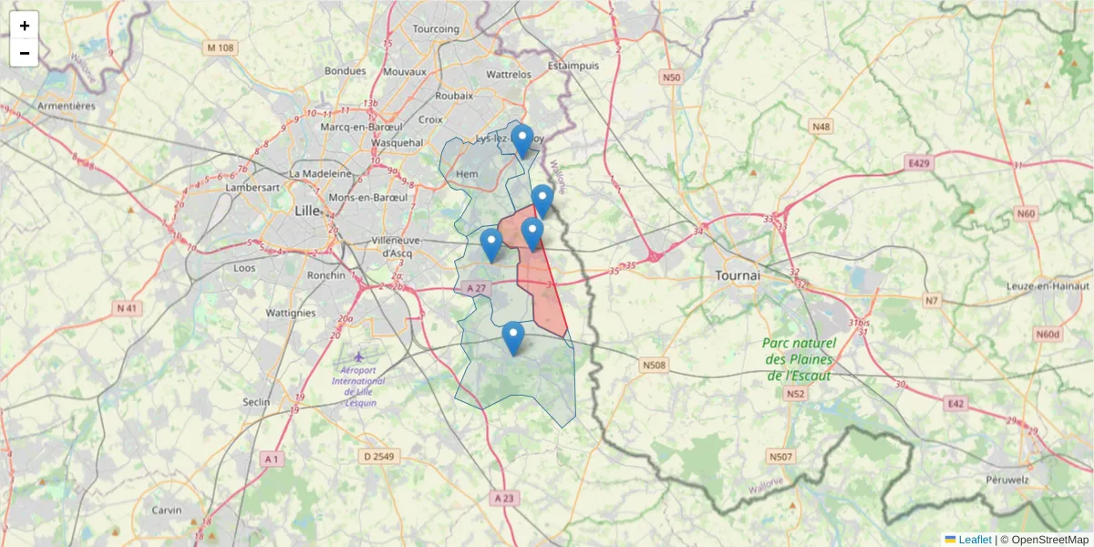 Carte de la zone du code postal  et des codes postaux voisins en France