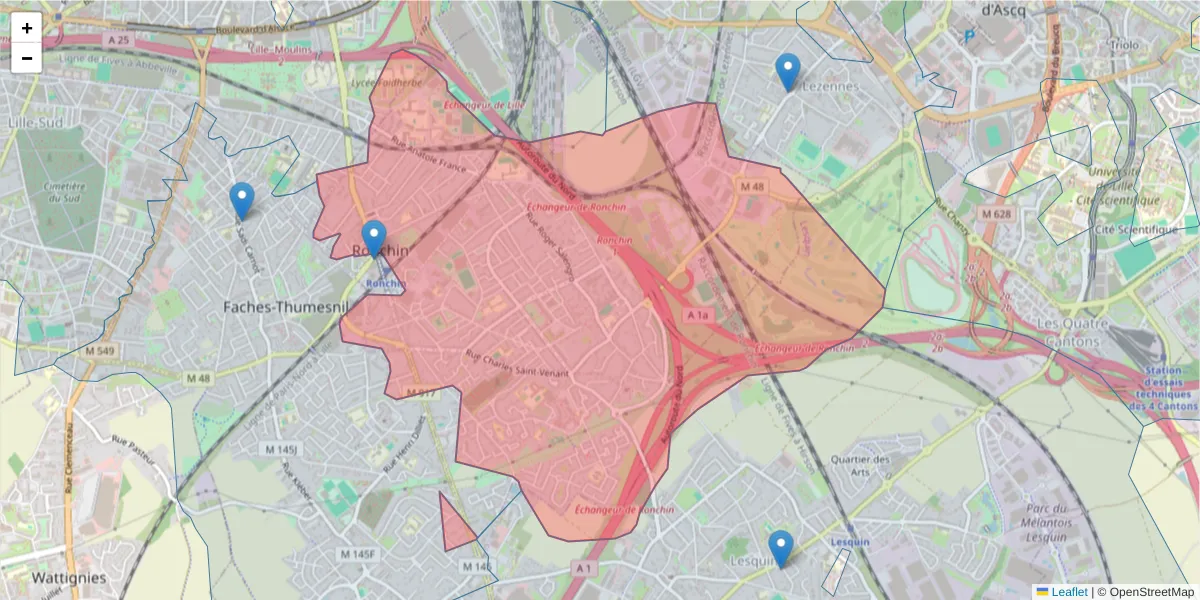 Carte de la zone du code postal  et des codes postaux voisins en France