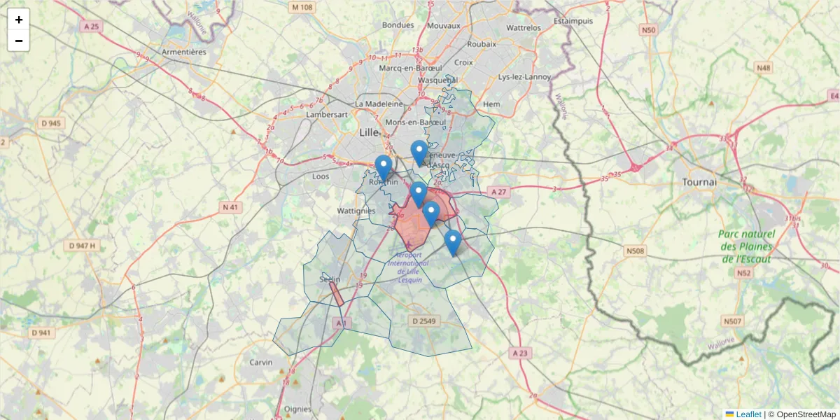 Carte de la zone du code postal  et des codes postaux voisins en France