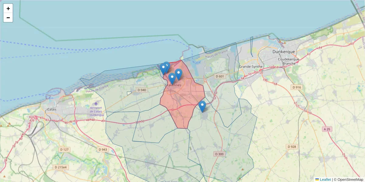 Carte de la zone du code postal  et des codes postaux voisins en France