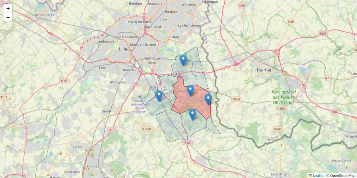 Carte de la zone du code postal  et des codes postaux voisins en France