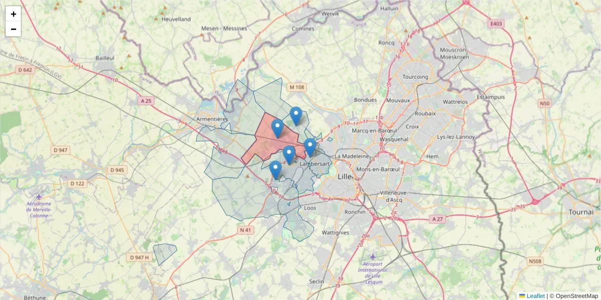 Carte de la zone du code postal  et des codes postaux voisins en France