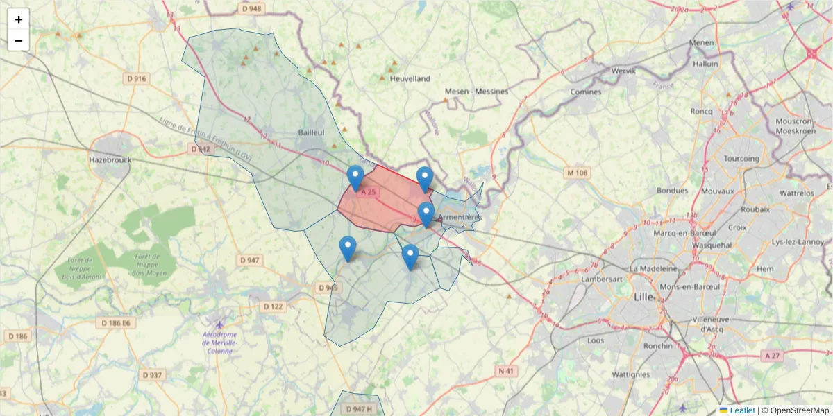 Carte de la zone du code postal  et des codes postaux voisins en France