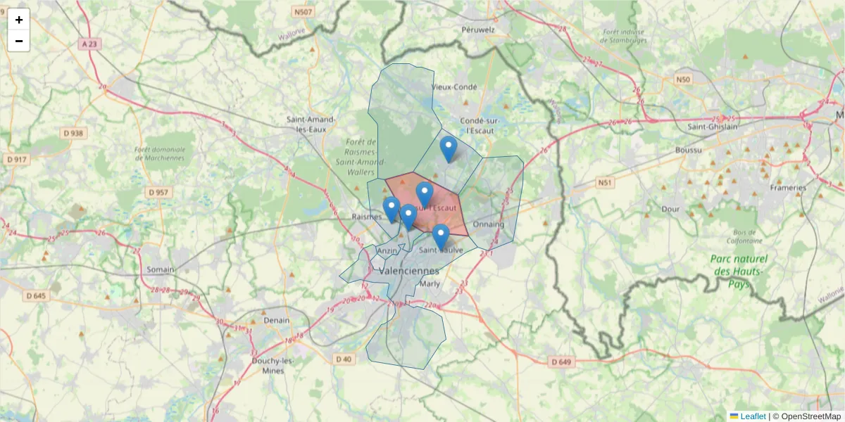 Carte de la zone du code postal  et des codes postaux voisins en France