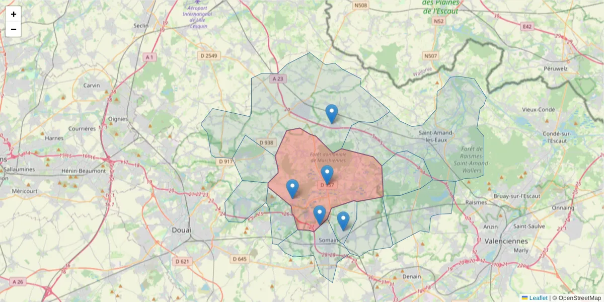 Carte de la zone du code postal  et des codes postaux voisins en France