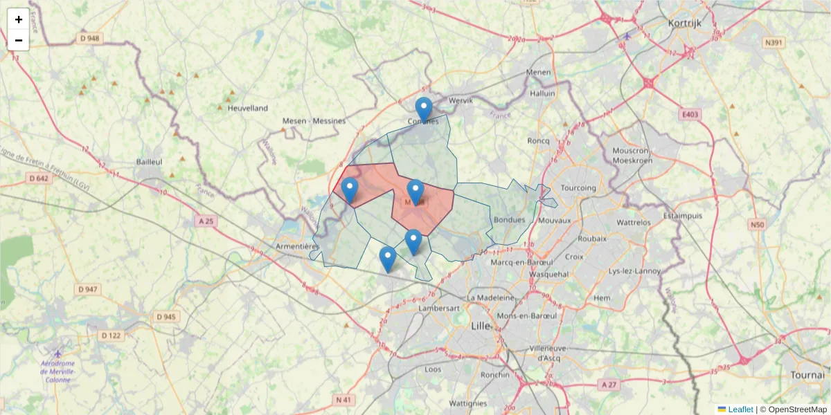 Carte de la zone du code postal  et des codes postaux voisins en France