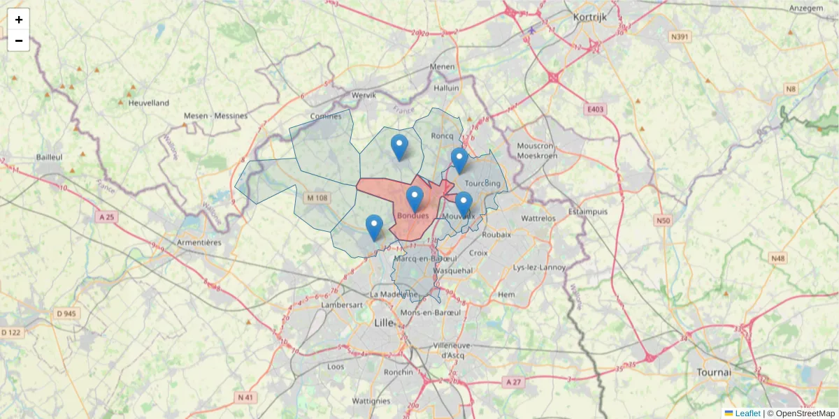 Carte de la zone du code postal  et des codes postaux voisins en France