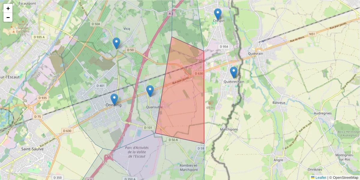 Carte de la zone du code postal  et des codes postaux voisins en France