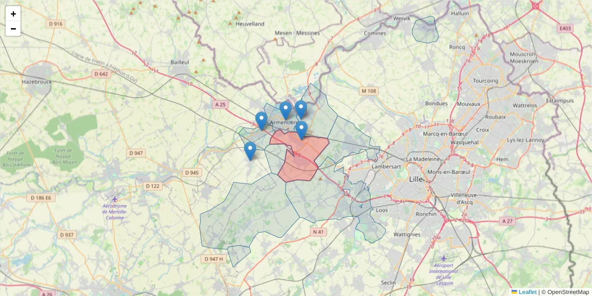 Carte de la zone du code postal  et des codes postaux voisins en France
