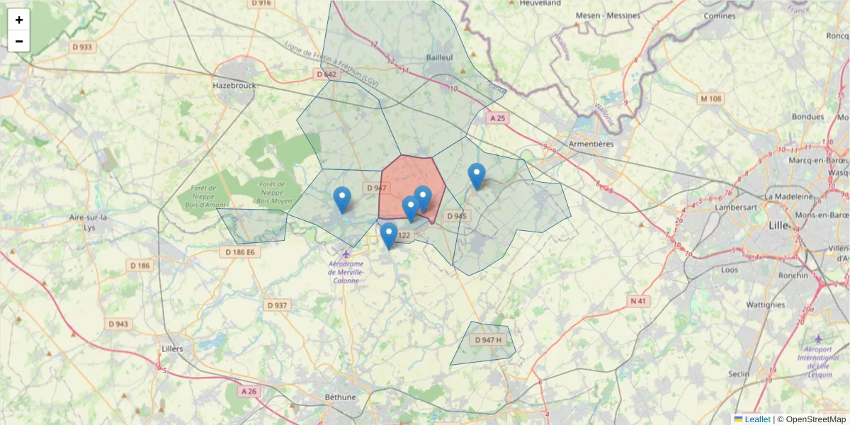 Carte de la zone du code postal  et des codes postaux voisins en France