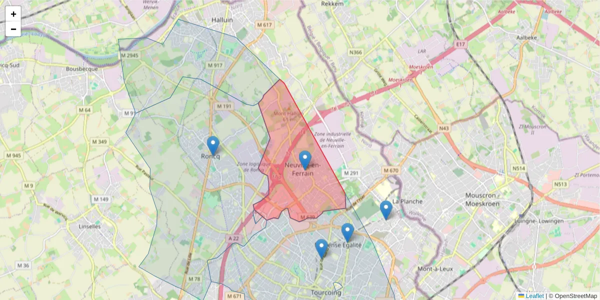 Carte de la zone du code postal  et des codes postaux voisins en France