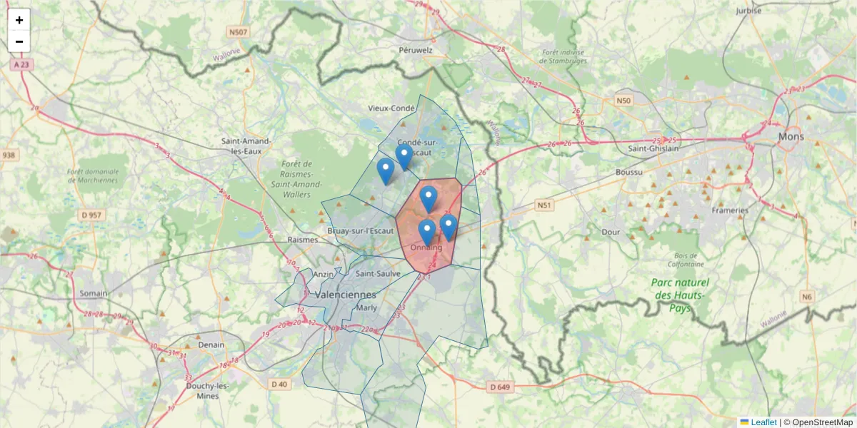 Carte de la zone du code postal  et des codes postaux voisins en France