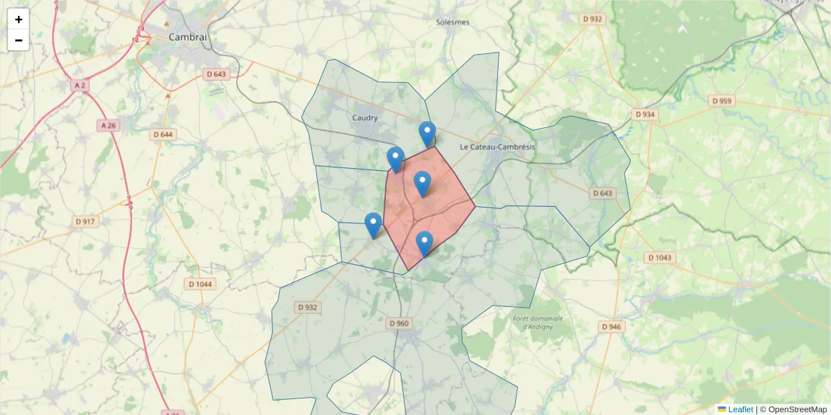 Carte de la zone du code postal  et des codes postaux voisins en France