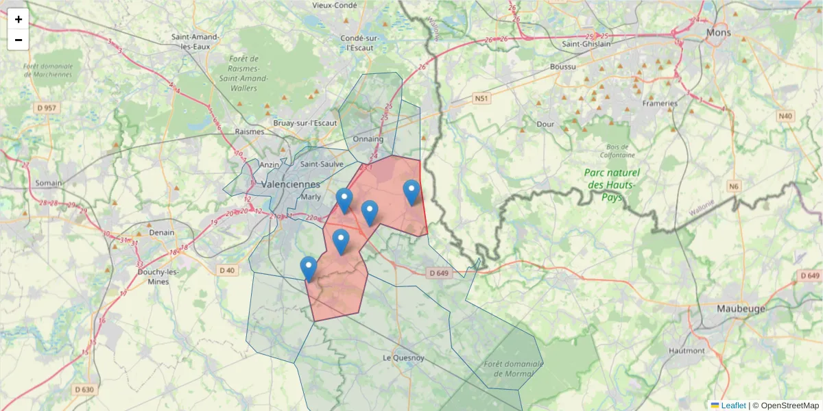 Carte de la zone du code postal  et des codes postaux voisins en France