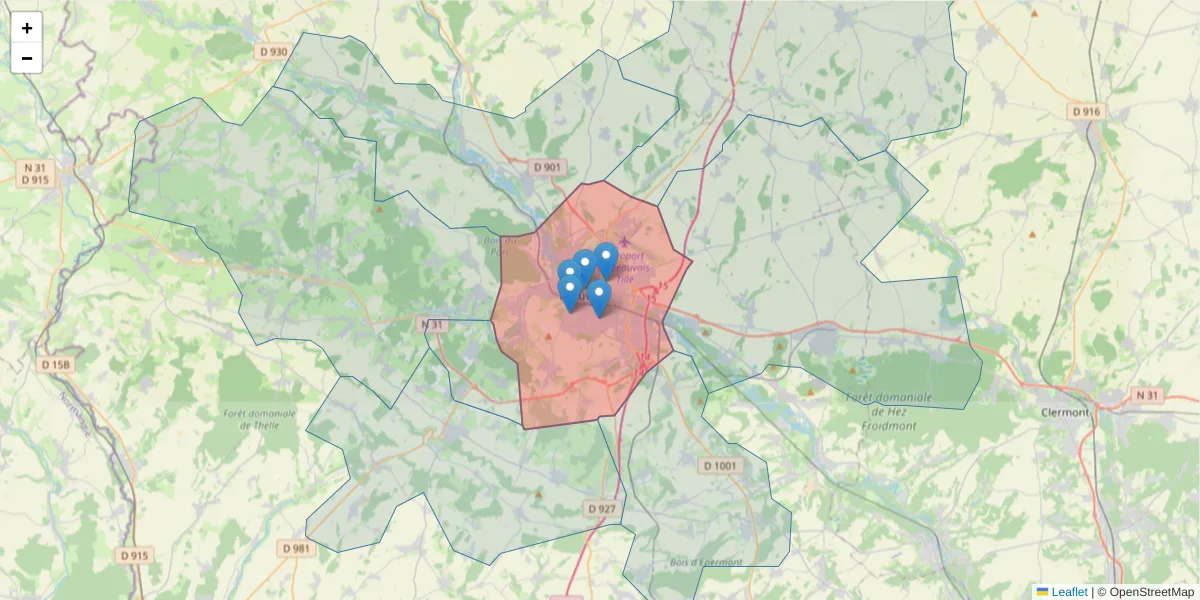 Carte de la zone du code postal  et des codes postaux voisins en France