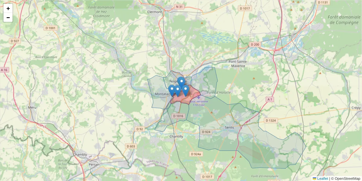 Carte de la zone du code postal  et des codes postaux voisins en France