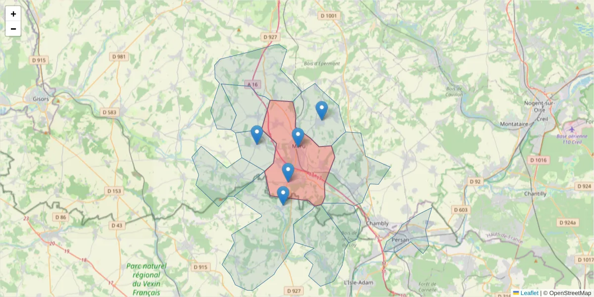 Carte de la zone du code postal  et des codes postaux voisins en France