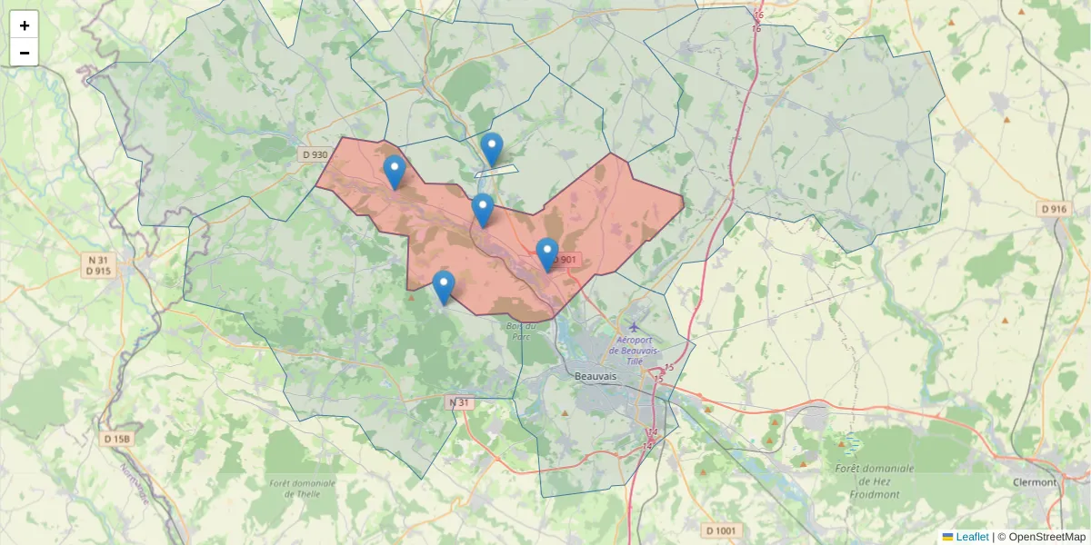 Carte de la zone du code postal  et des codes postaux voisins en France