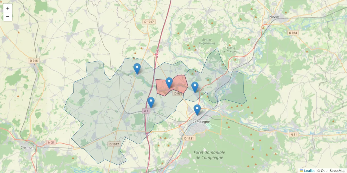 Carte de la zone du code postal  et des codes postaux voisins en France