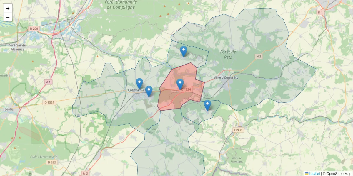 Carte de la zone du code postal  et des codes postaux voisins en France