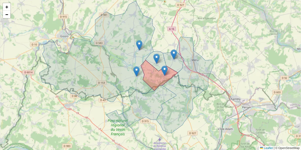 Carte de la zone du code postal  et des codes postaux voisins en France