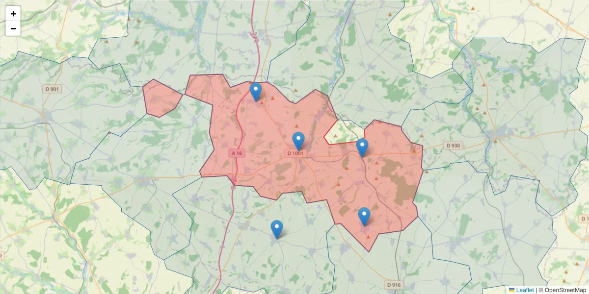 Carte de la zone du code postal  et des codes postaux voisins en France