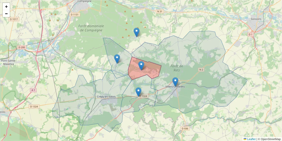Carte de la zone du code postal  et des codes postaux voisins en France