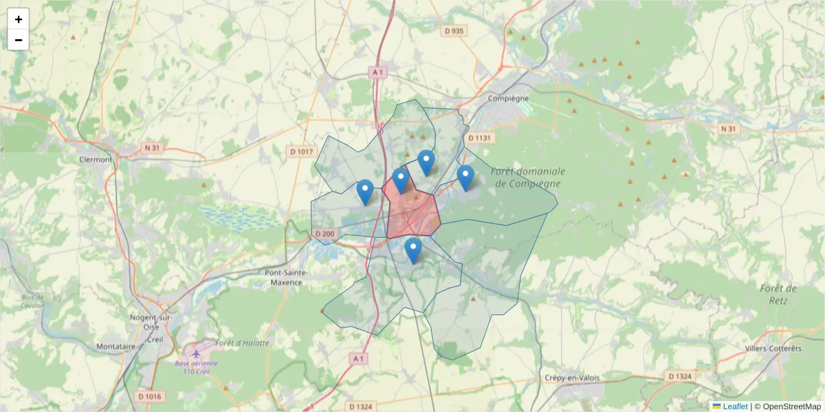 Carte de la zone du code postal  et des codes postaux voisins en France
