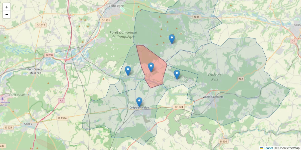 Carte de la zone du code postal  et des codes postaux voisins en France