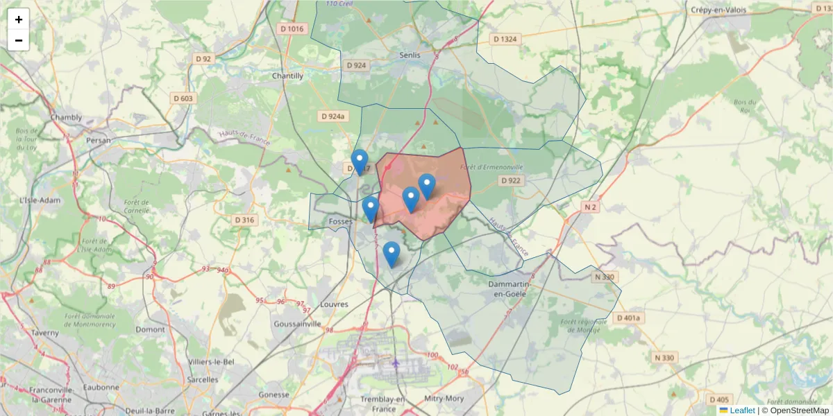 Carte de la zone du code postal  et des codes postaux voisins en France
