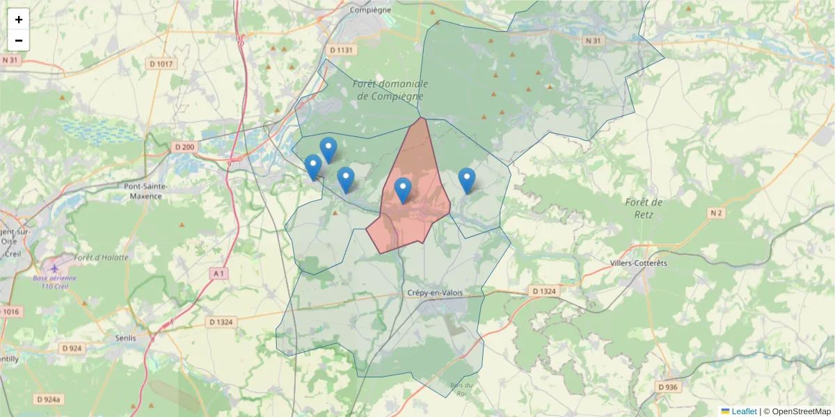 Carte de la zone du code postal  et des codes postaux voisins en France