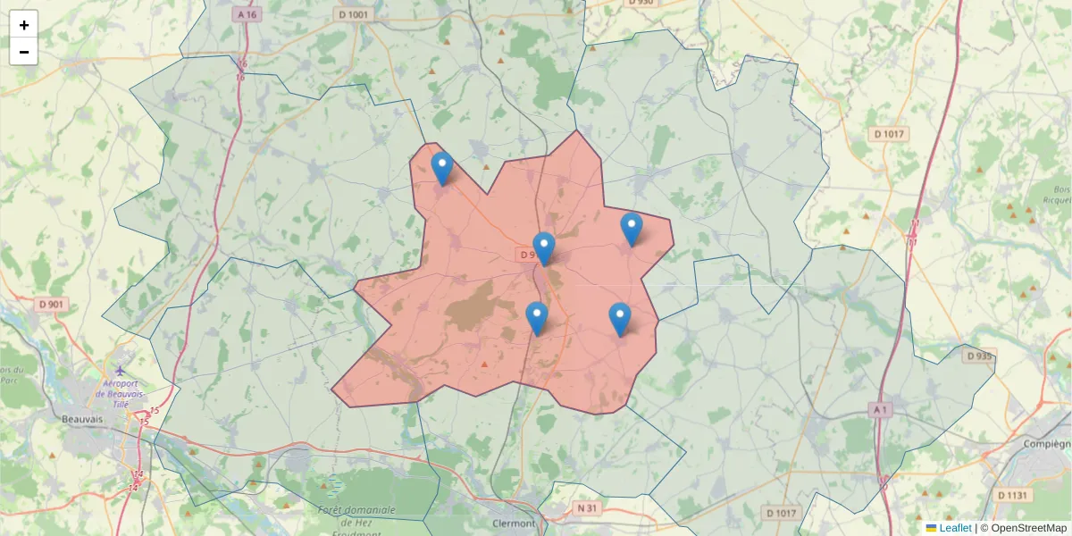 Carte de la zone du code postal  et des codes postaux voisins en France