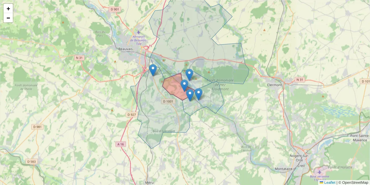 Carte de la zone du code postal  et des codes postaux voisins en France