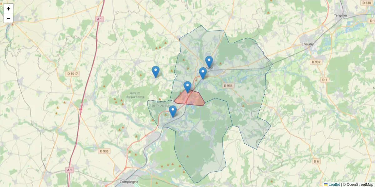 Carte de la zone du code postal  et des codes postaux voisins en France