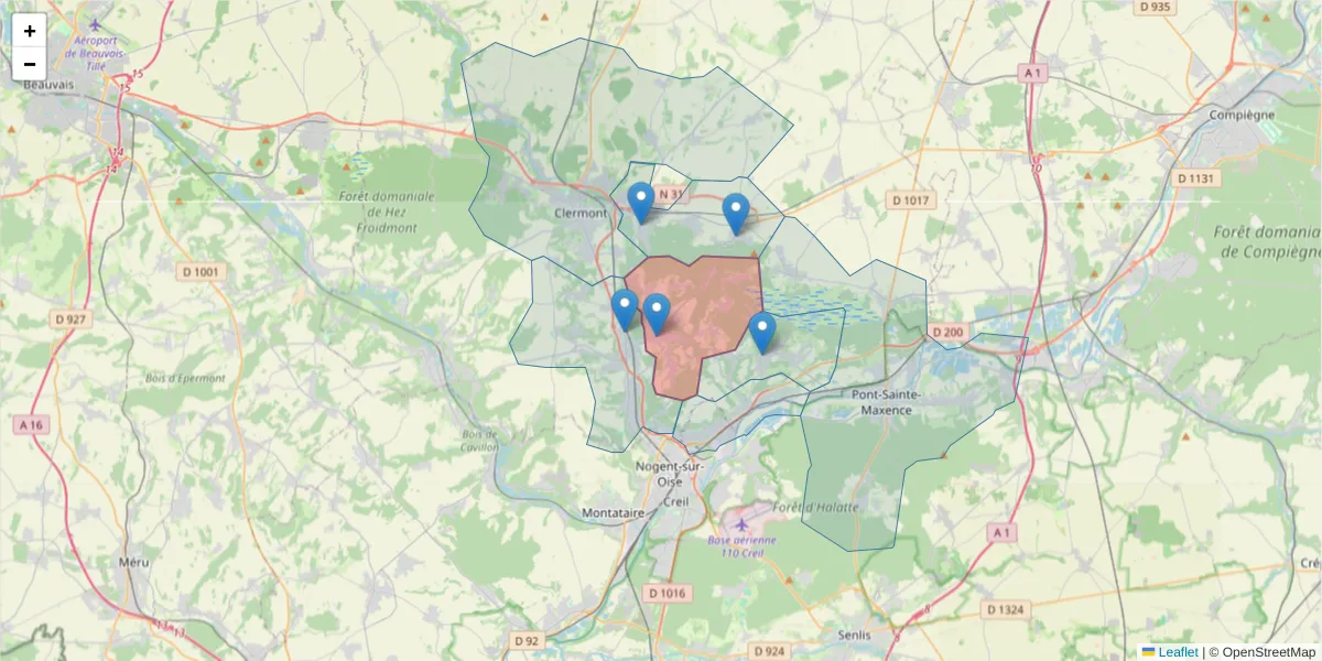 Carte de la zone du code postal  et des codes postaux voisins en France