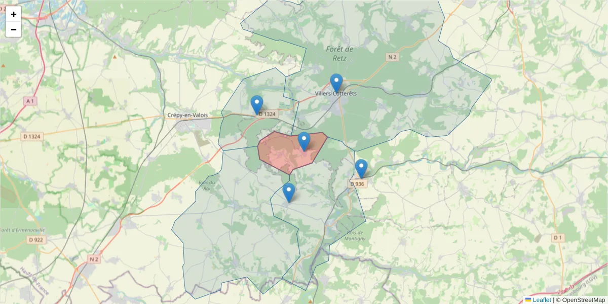 Carte de la zone du code postal  et des codes postaux voisins en France