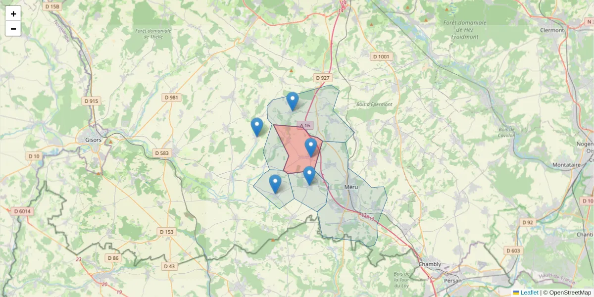 Carte de la zone du code postal  et des codes postaux voisins en France