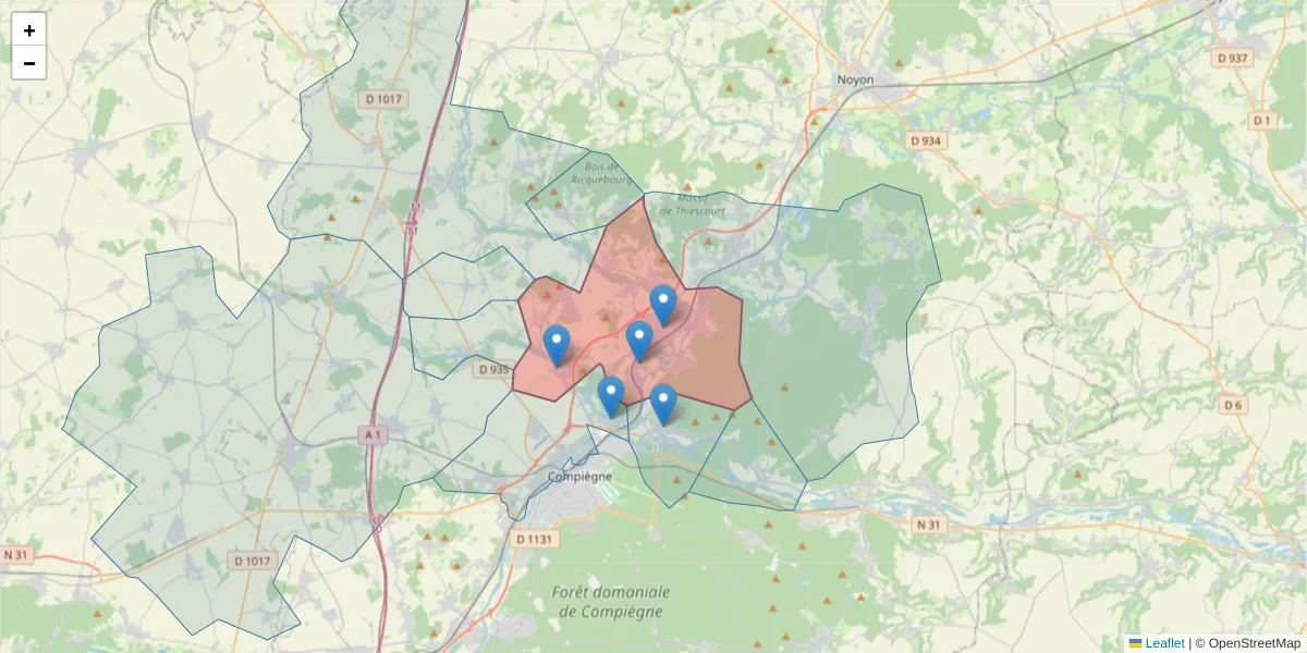 Carte de la zone du code postal  et des codes postaux voisins en France