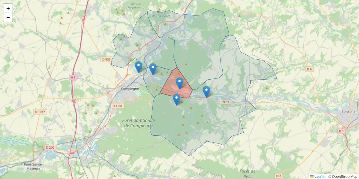 Carte de la zone du code postal  et des codes postaux voisins en France