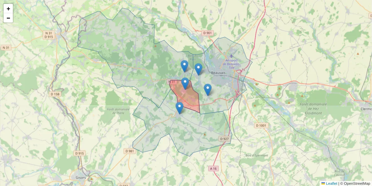Carte de la zone du code postal  et des codes postaux voisins en France