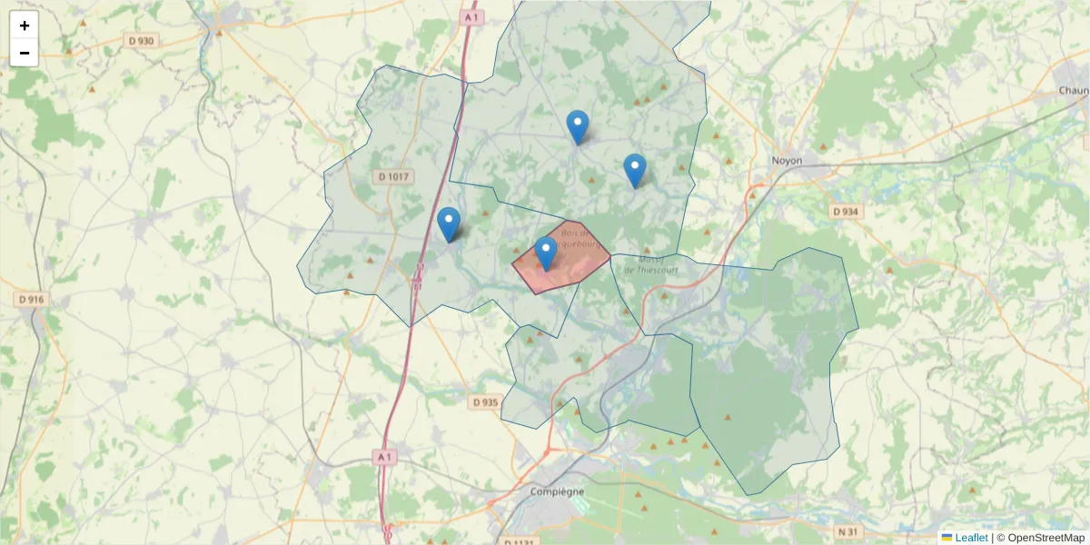 Carte de la zone du code postal  et des codes postaux voisins en France