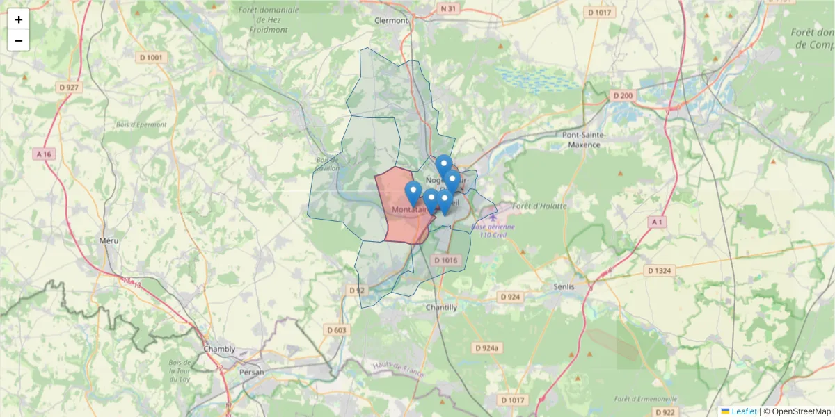 Carte de la zone du code postal  et des codes postaux voisins en France