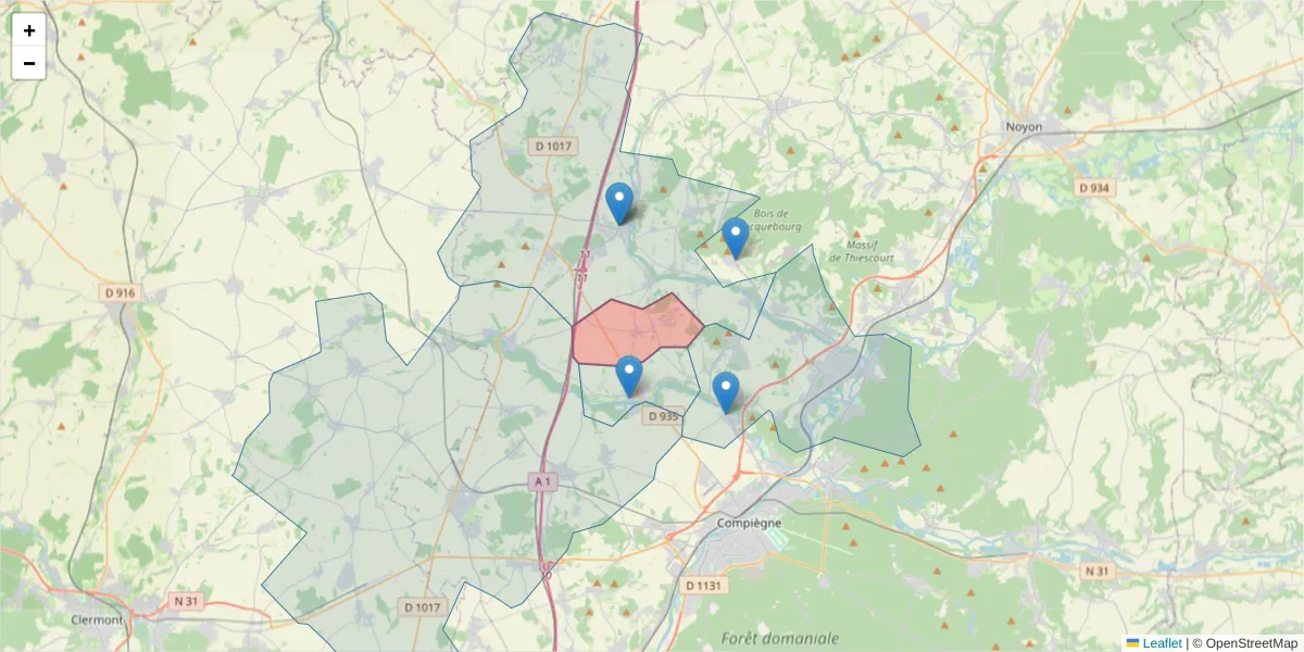 Carte de la zone du code postal  et des codes postaux voisins en France