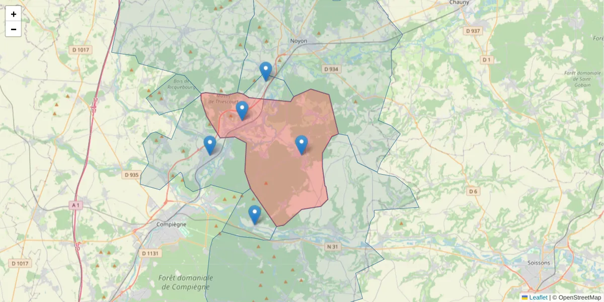 Carte de la zone du code postal  et des codes postaux voisins en France