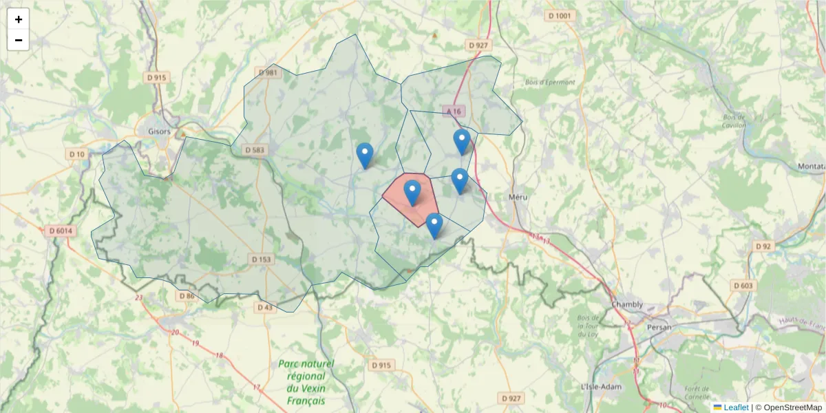 Carte de la zone du code postal  et des codes postaux voisins en France