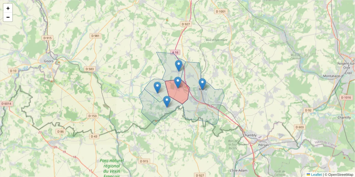 Carte de la zone du code postal  et des codes postaux voisins en France