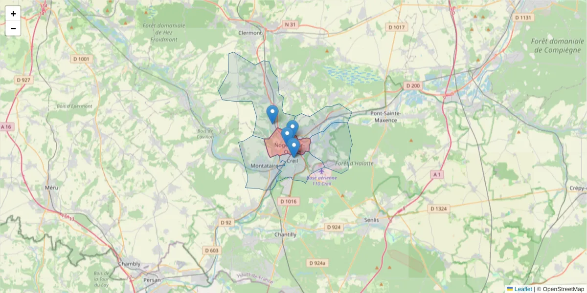 Carte de la zone du code postal  et des codes postaux voisins en France