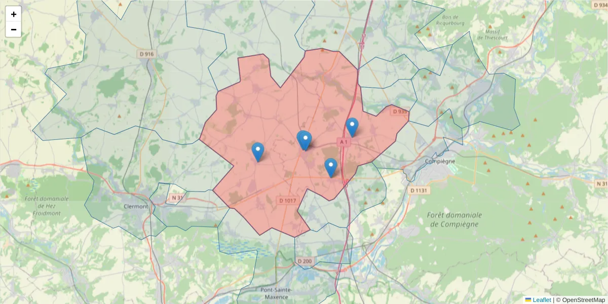 Carte de la zone du code postal  et des codes postaux voisins en France