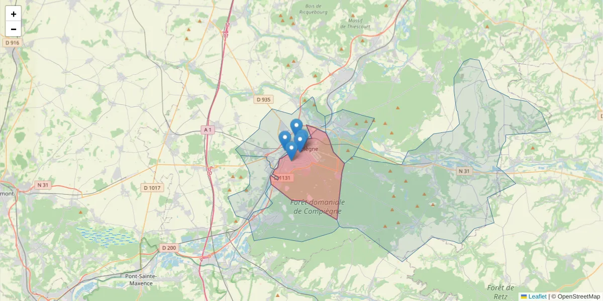 Carte de la zone du code postal  et des codes postaux voisins en France