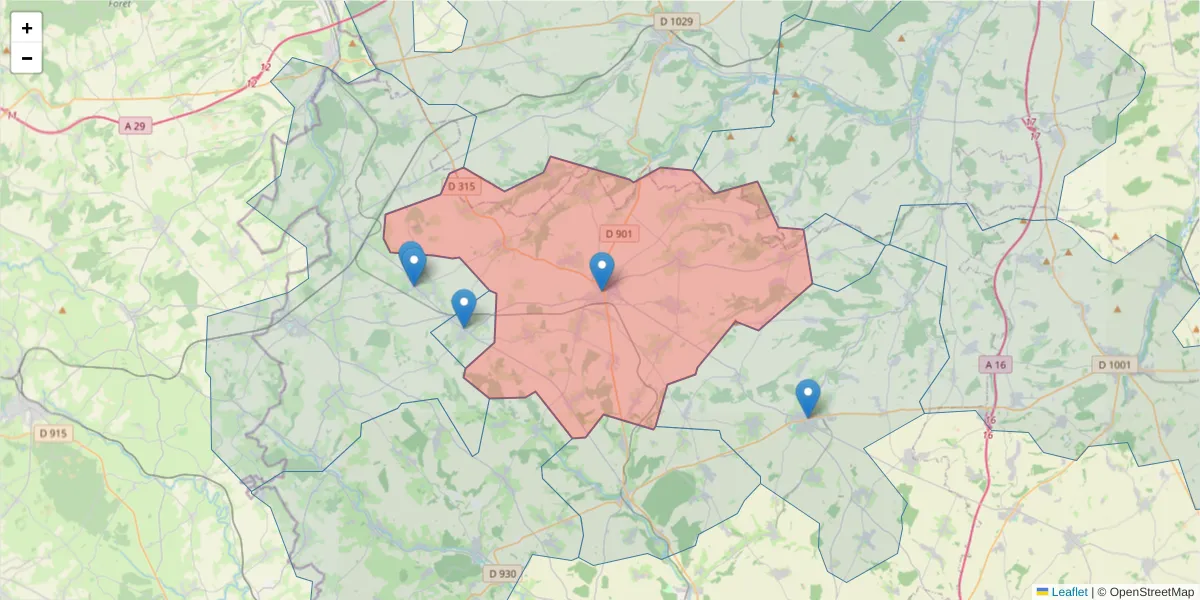 Carte de la zone du code postal  et des codes postaux voisins en France
